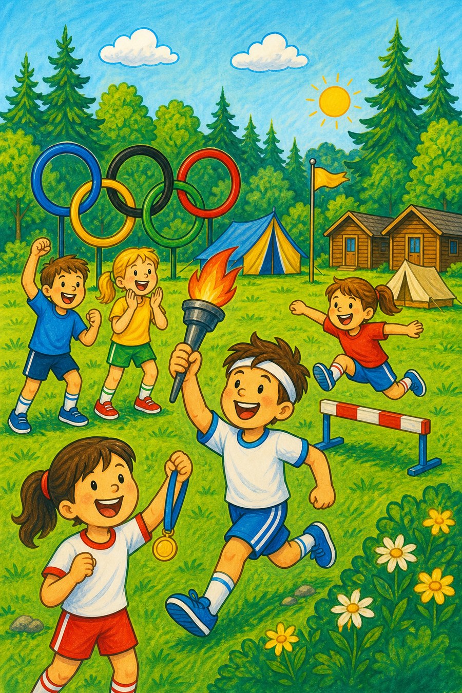 Kreslené děti sportují na louce u českého tábora